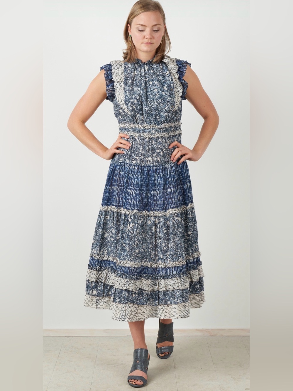 Ulla Johnson Kiri Mixed Print Midi Dress Size 6